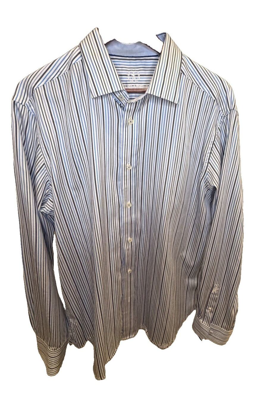 Bugatchi Uomo Men’s XL 17.5 36/37 Blu White Stripe 100% Cotton Dress Shirt